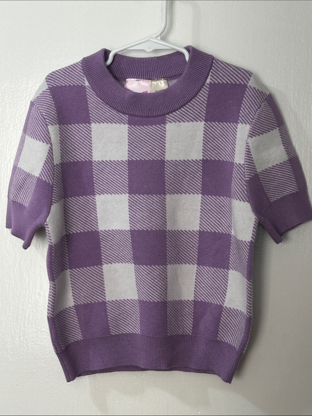 Cotton Emporium Lavender and Cream Check Knit Short-Sleeve Sweater